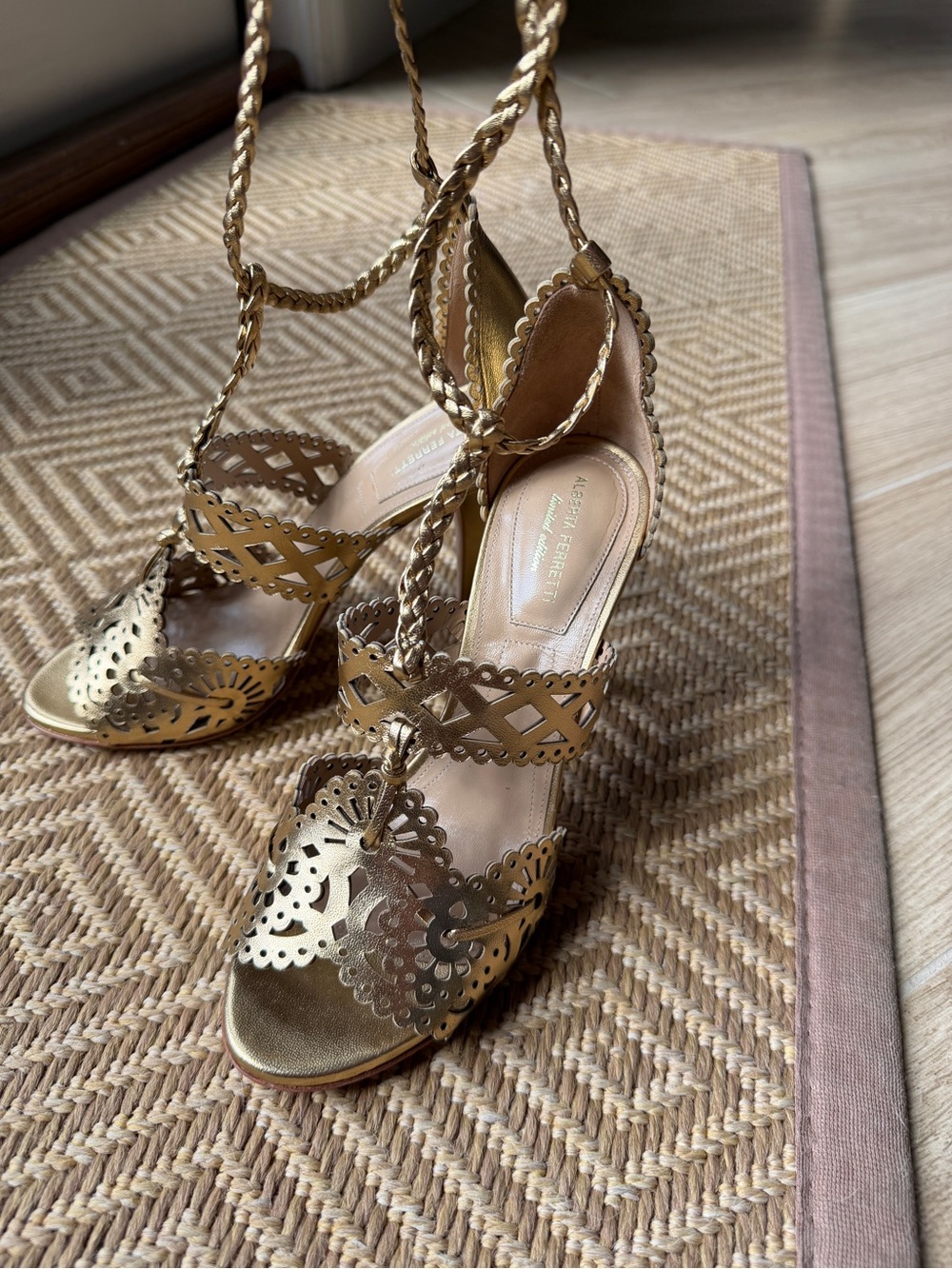Alberta Ferretti Gold Laser-Cut Lace-Up Heels